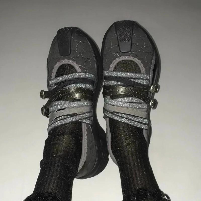 Mary Jane Sneakers Women Trendy Fashion Street Thick Bottom Shoes Flat Casual Women Strappy Ballet Sneakers Black