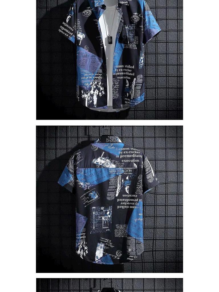 2024 Men's Trendy Hong Kong Style Loose Graffiti Print Half-sleeve Shirt