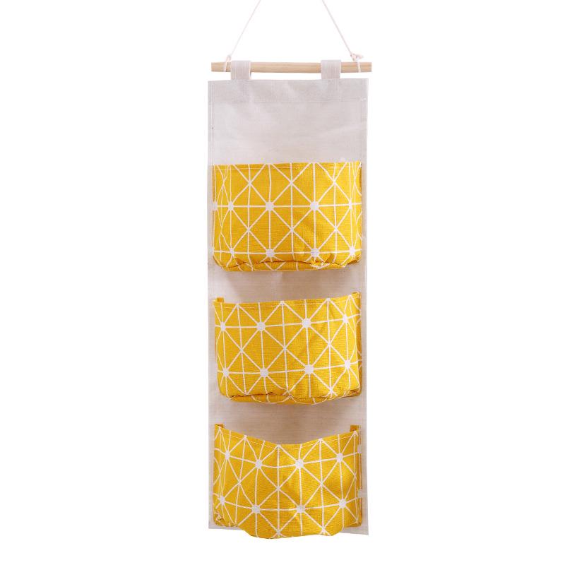 Grid Pattern Cotton Linen Three-Pocket Hanging Storage Bag