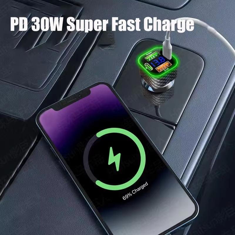 380W Car Phone Charger USB C Dual PD 4 in 1 with Voltage Display Super Fast Charge Adapter For iPhone Xiaomi Oppo Vivo Samsung