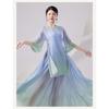 Costume da Danza Classica Cinese da Donna, Abito da Esibizione in Chiffon Stampato Sfumato Blu Verde Fluttuante