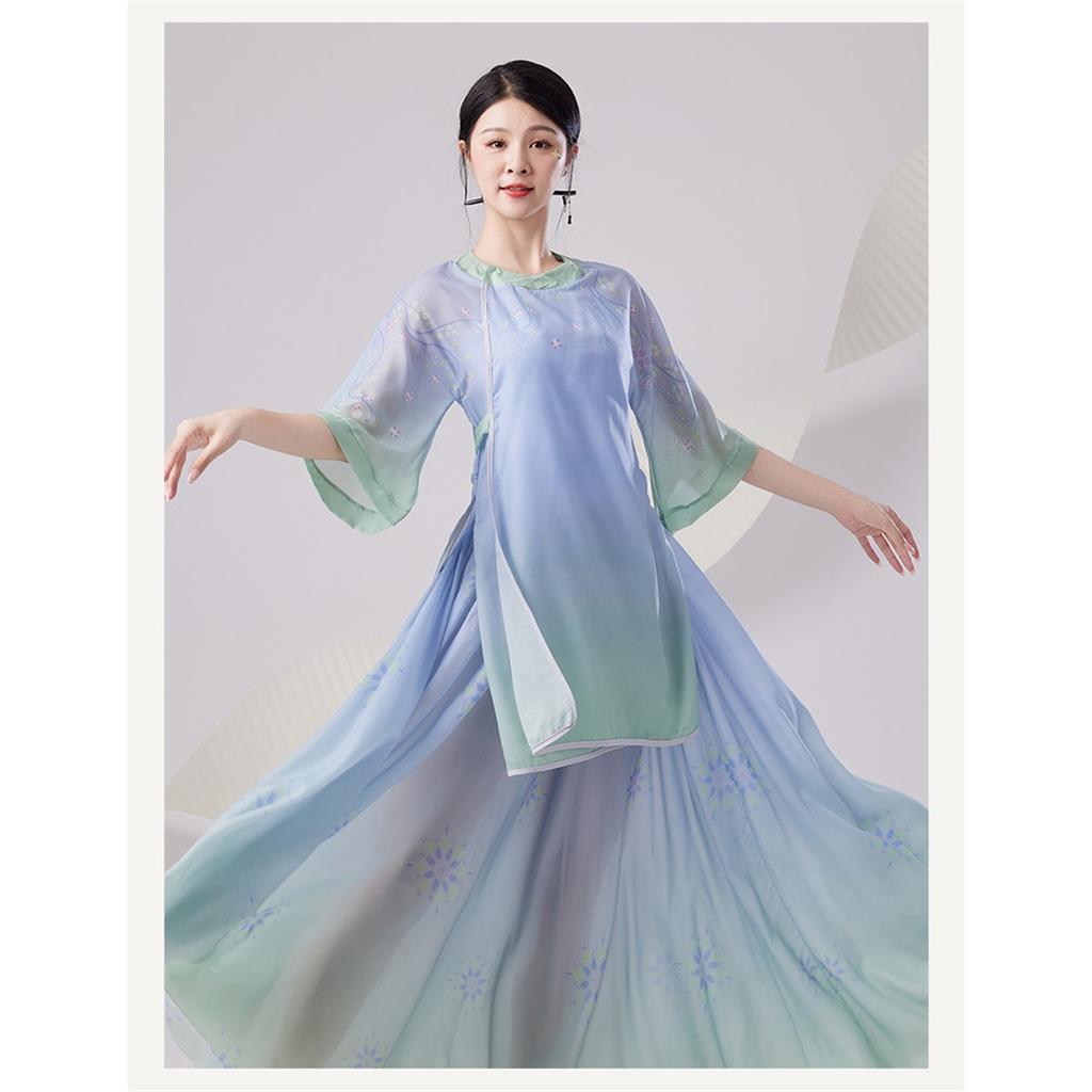 Costume da Danza Classica Cinese da Donna, Abito da Esibizione in Chiffon Stampato Sfumato Blu Verde Fluttuante