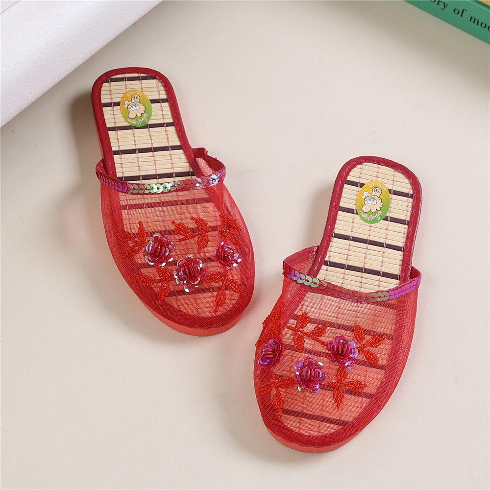 Handmade Beaded Home Slippers Women's Summer Indoor Mesh Wooden Flooring All Season Slippers Flat Heel