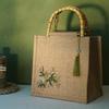 Bamboo Handle Jute Tote Bag - Retro Burlap Shopping & Gift Bag for Tea Storage