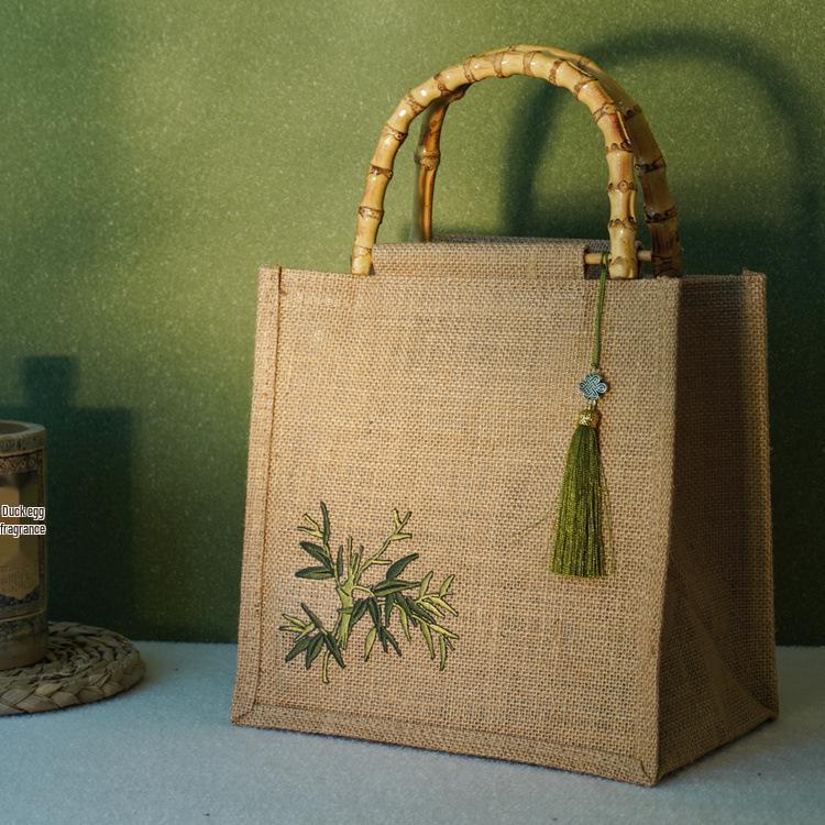 Bamboo Handle Jute Tote Bag - Retro Burlap Shopping & Gift Bag for Tea Storage