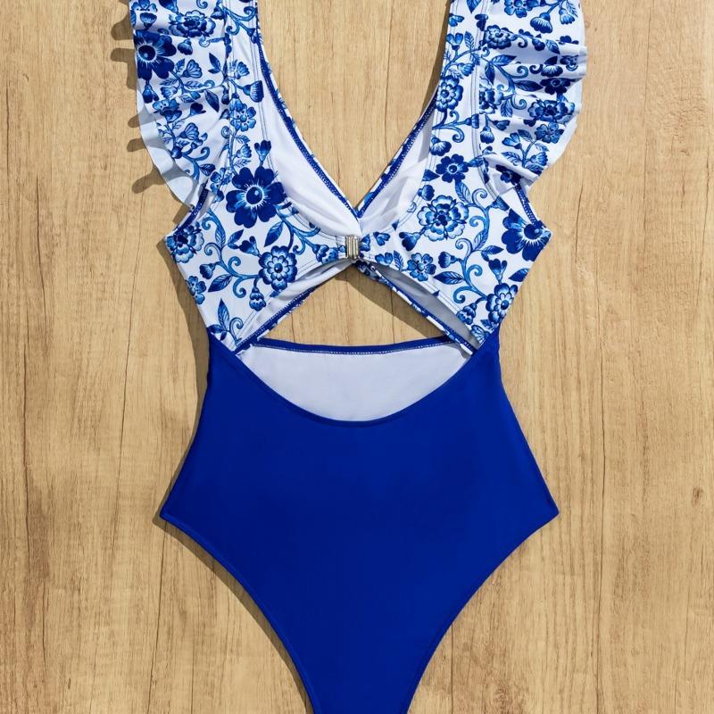 Blue White Floral Print Cut Out One Piece Swimsuit Ruffle Sleeve Twist Front Monokini