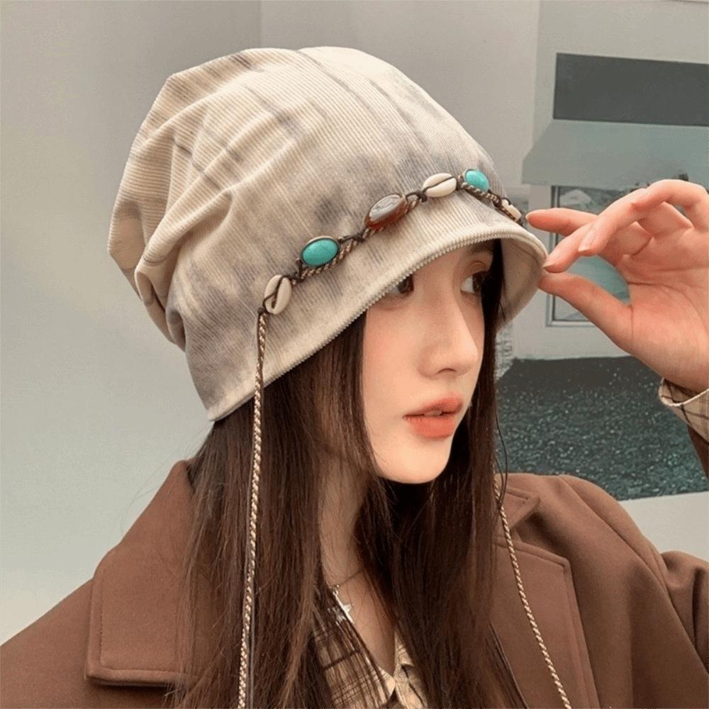 Korean Style Y2k Baggy Cap Beaded Decor Pullover Hats Vintage Beanies Cap  Women