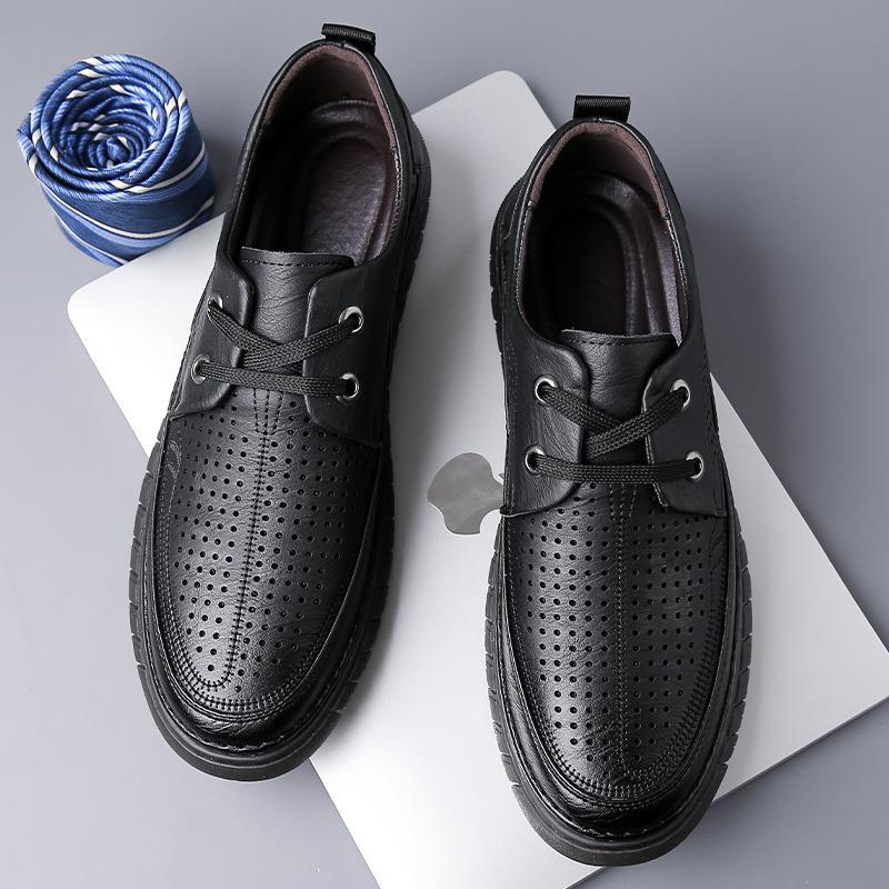 2025 Summer Men's Lace-up Soft Leather Casual Men's Shoes Hollow Rubber Sole Hole Shoes Hundred Towers Breathable Leather Sandals