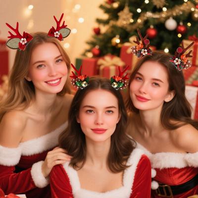 1 Pair Christmas Hairpins Holiday Antlers Design Faux Pearls Plush Ball Decor Hair Clips Christmas Party Photography Props