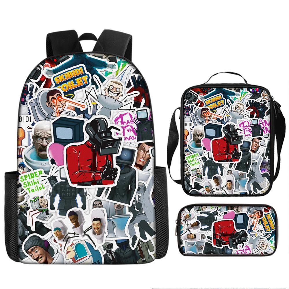 Toilet Man Backpack Trendy Backpack European and American Retro Schoolbag Cartoon Backpack Three-piece Set