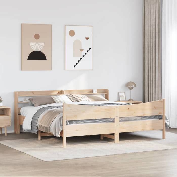 VidaXL Bed Frame with Headboard 180x200 Cm Solid Pine Wood, Slatted Base, Double Bed Frame, Wooden Bed Frame 3307035