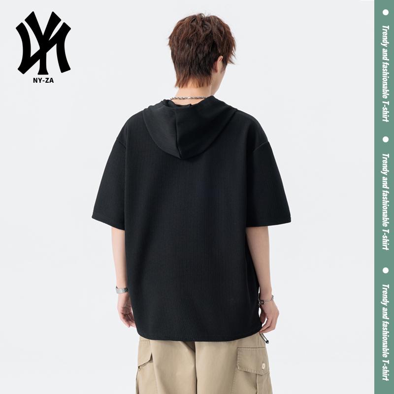 Street style hooded short sleeved T-shirt, summer loose trendy brand hooded half sleeved shirt