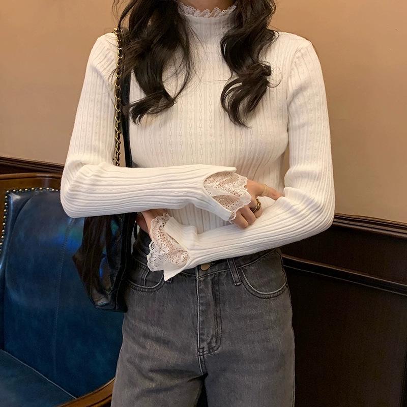 Lace Trim Semi-High Neck Slim Fit Women's Sweater - Apricot Knit Long Sleeve Top