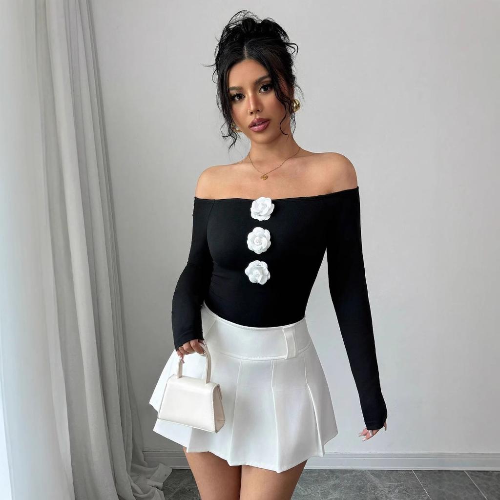 Autumn Winter Women's 3D Floral Off Shoulder Off The Shoulder Slim Long Sleeve T Shirt Top Women Fashion Casual Slim Fit Ladies Elegant Top