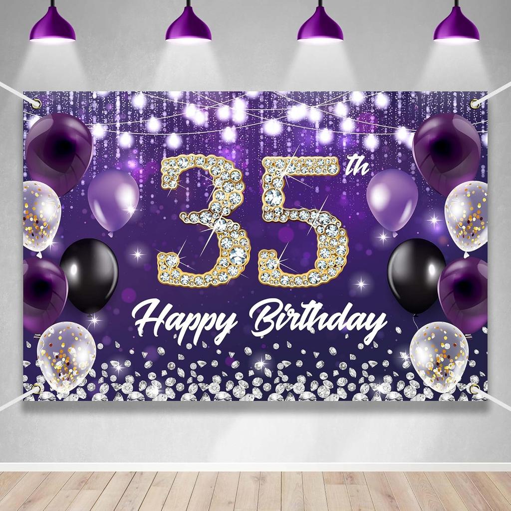 Happy 60th Birthday Backdrop Banner Purple Theme Background with Shiny Diamond Noble Elegant Birthday Party Photo Photography Prop Booth Background