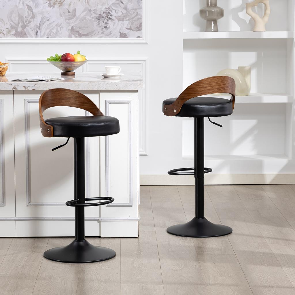 Set di 2 Sgabelli da Bar Rotanti a 360 gradi con Schienale, Legno di Noce Nero, Seduta in PU, Regolabili in Altezza (Pelle PU Nera)