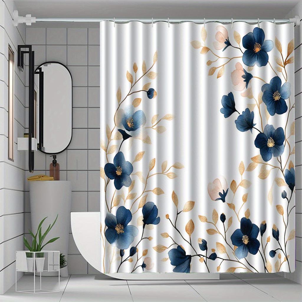 1Pc Blue Floral Pattern Shower Curtain With Hook, Shower Curtain, Bathroom Partition, Bathroom Accessories, Home Decoration