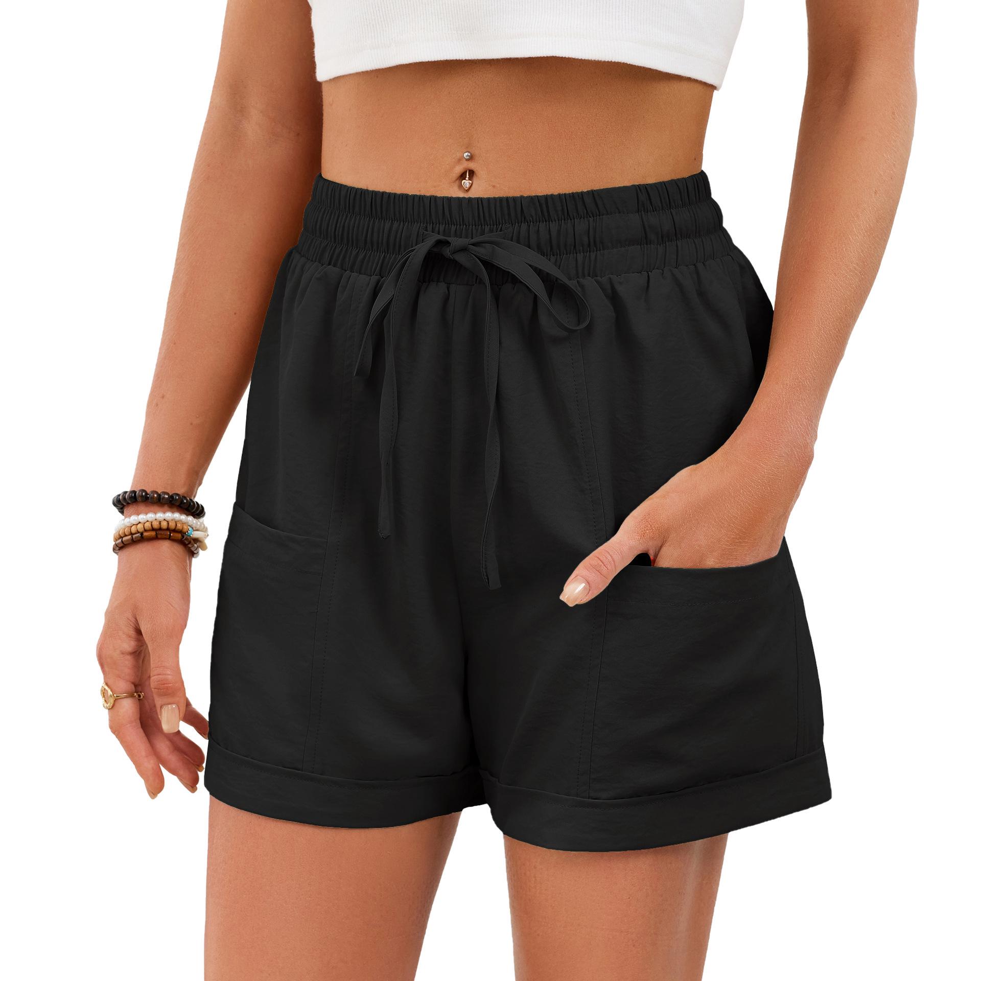 Spring/Summer 2026: Solid Color Elastic Waist Loose Casual Shorts with Drawstring and Pockets L чёрный