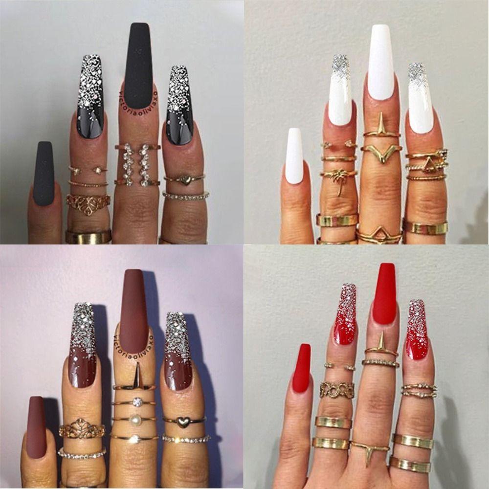 

24шт маникюр полное покрытие чистый цвет DIY накладные ногти блестящие длинные балерина французский французский