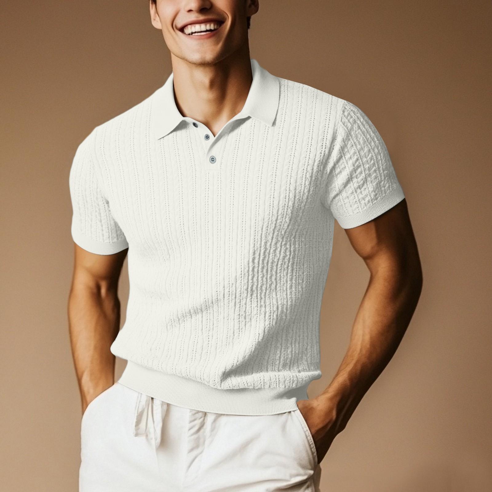 

Мужская трикотажная рубашка с коротким рукавом и лацканами, однотонная, ажурная, дышащая, мужская одежда XL белый