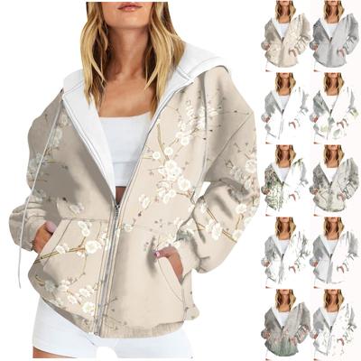 Women's Casual Fashion Foral Printed Long Sleeve Pullover Hoodies Zipper Sweatshirts Coat