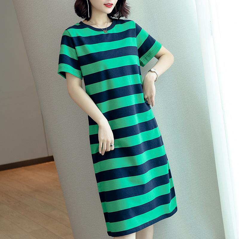 VEZFAA Women s Fashion Summer Spring Stripe Print Short Sleeve O-Neck Loose Waistlinet Casual Dresses S