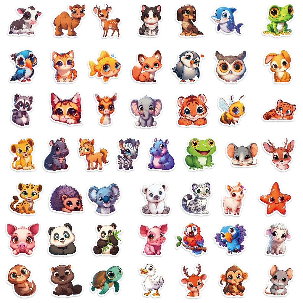100 Cute Hand-Painted Big-Eyed Animals Pp Waterproof Stickers Elephant Cat Frog Do Not Repeat Decorative Stickers
