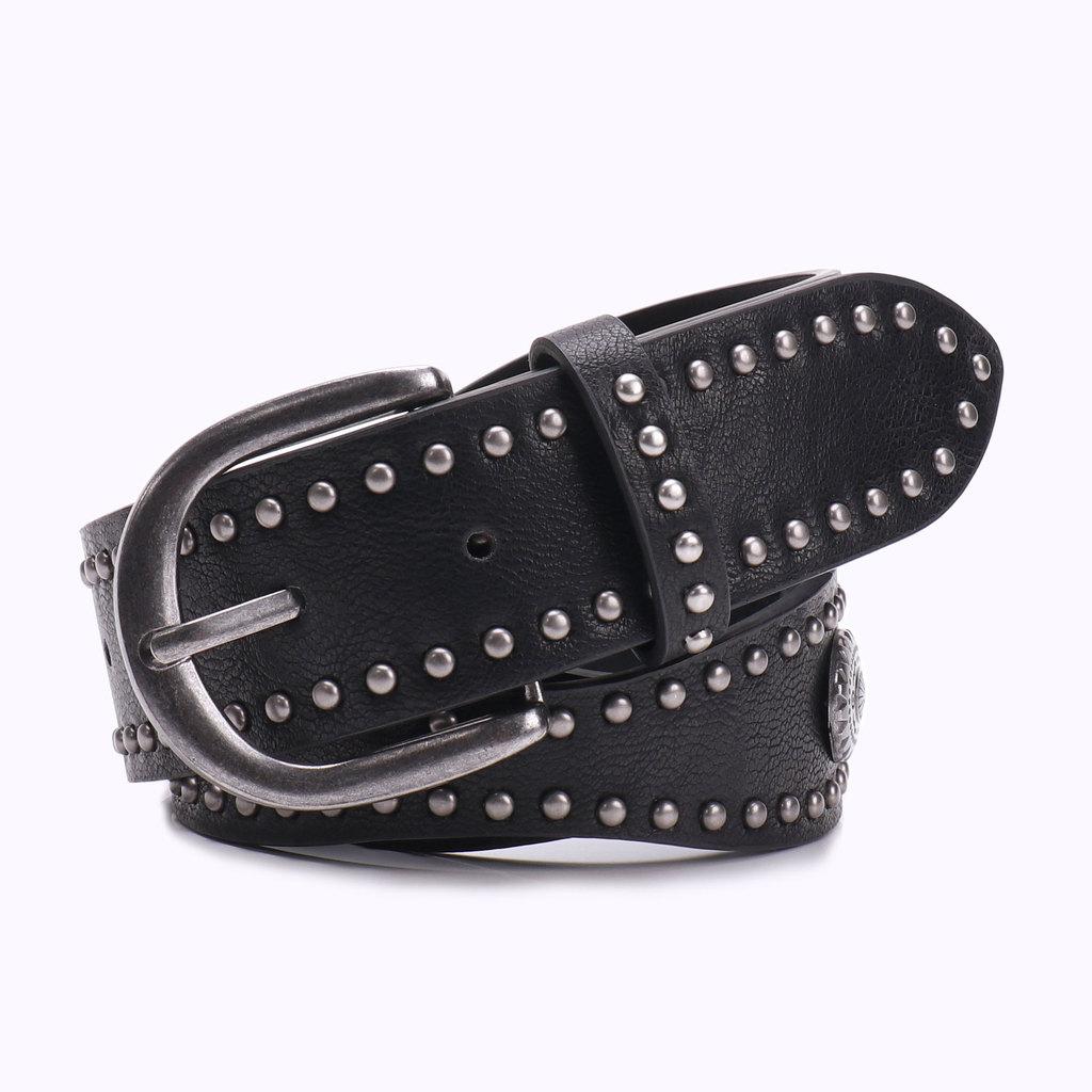 

Retro Double Row Rivet Leather Belt For Women With Alloy Buckle For Casual Style чёрный
