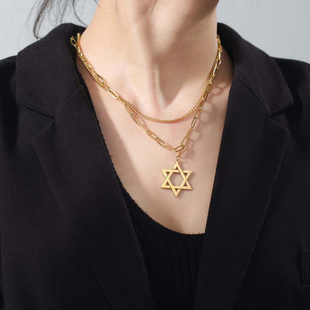 Israel Star of David Necklace Stainless Steel Hexagram Choker Necklace for Women Double Layer Chain Pendant Je Trend Jewelry