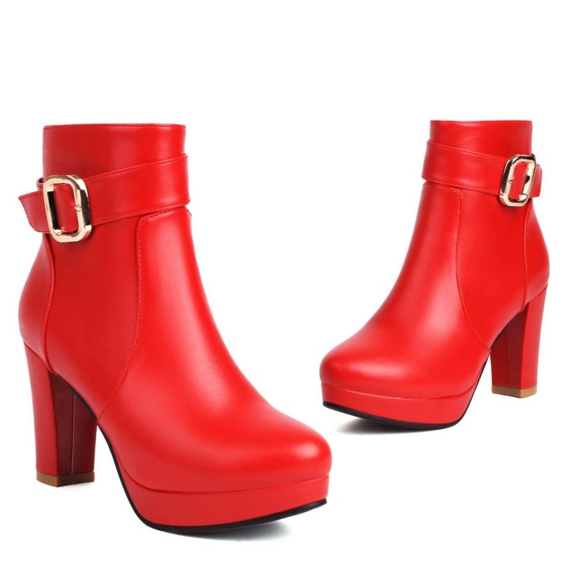 Platformowe Botki Damskie Jesień Zima Wysokie Obcasy Klamra Czerwone Czarne Krótkie Botki Eleganckie Buty na Imprezę Taneczną Duży Rozmiar