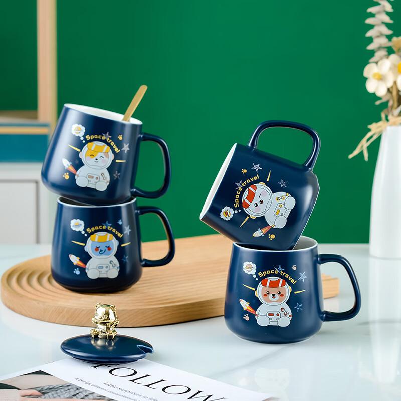 Astronaut Rabbit Ceramic Mugs (Set of 2) with Lid & Spoon