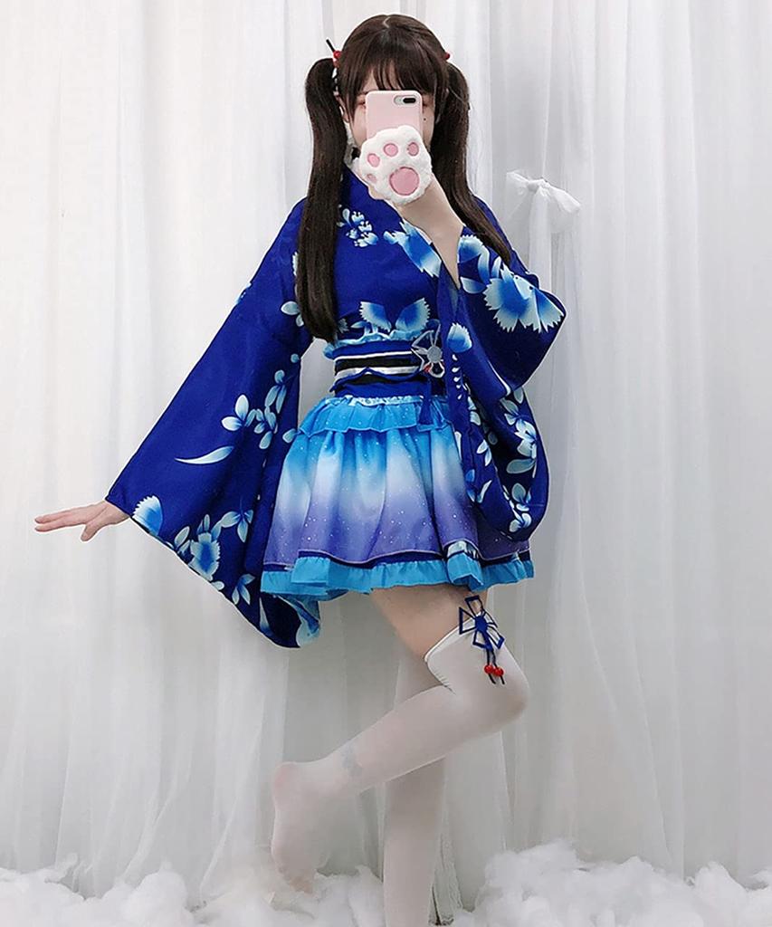 Milky Time Yukata, Japanese Style Miniskirt, Cute Cosplay Halloween Costume Set, Summer Festival, Oiran (Blue)