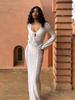 Women Sexy White Knit Swimsuit Cover Up Deep V-neck Tie Hollow Out Long Sleeve Beach Maxi Dress 2025 Summer Holiday Outfit K186