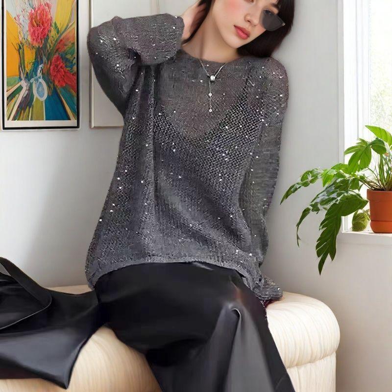 Autumn Layered Pullover with Chic Design Sequined Sweater Retro Light Luxury Casual Loose Long-sleeved Blouse Top
