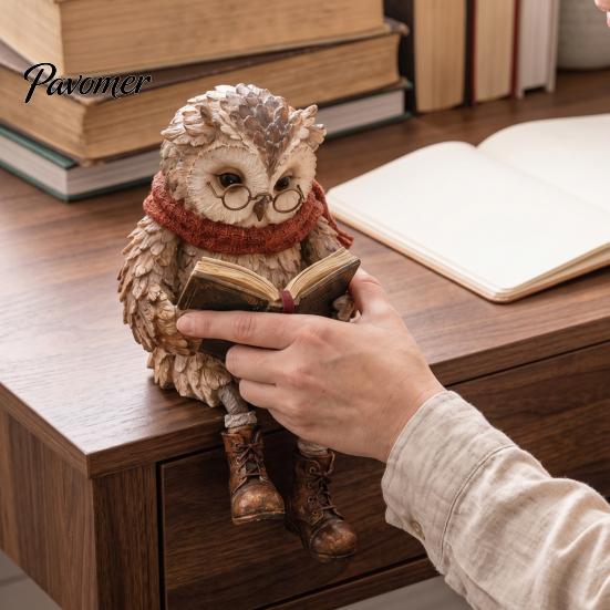 Owl Figurine for Bookshelf Reading Figurine, Creative Statue with Glasses Scarf Boots And Open Book, Woodland Theme Table Decor Sculpture Book