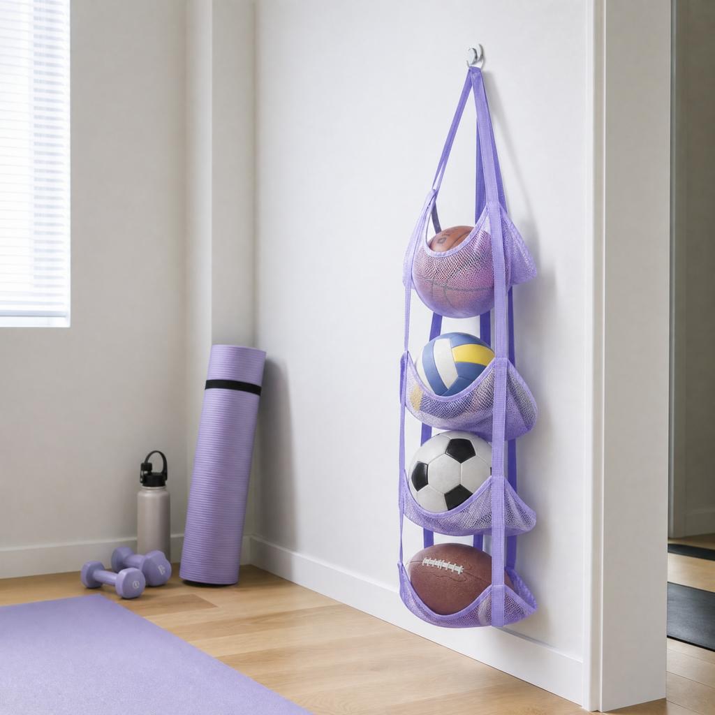 Mesh Ball Storage Bag with Hanging Design for Basketballs and Soccer Balls - Purple, Holds Multiple Sports Balls