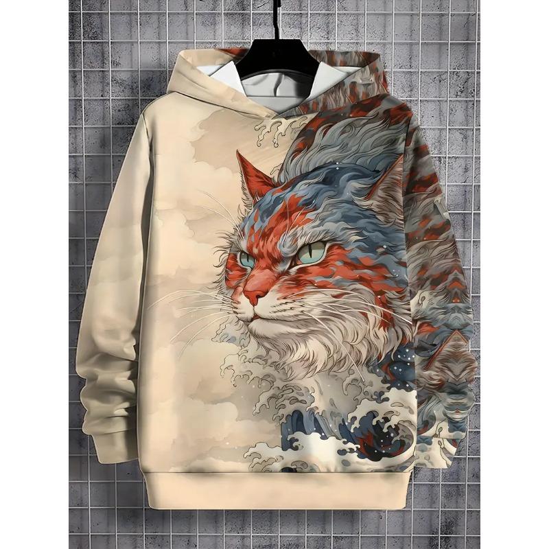 Casual Loose Design Cat Pattern men's Hooded Sweatshirt Fashionable Printed Harajuku Colored Top Street Minimalist men's Hoodies