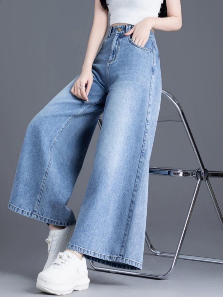 Damen Hellblaue Weitbeinige Jeanshose - Frühjahr 2026, Petite Neun-Zehntel-Länge, Locker geschnittene Rockhose