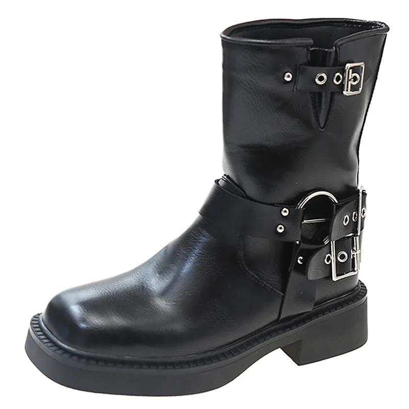Fashion Punk Style Buckle Strap Mid-Calf Boots Women Black PU Leather Platform Western Boots Woman Big Size Square Toe Thick Heels Boots