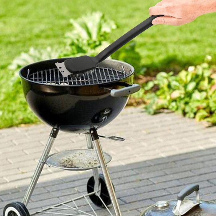 Brosse de nettoyage - Inox - 30 cm - Grattoir intégré - Poils métalliques - Ergonomique