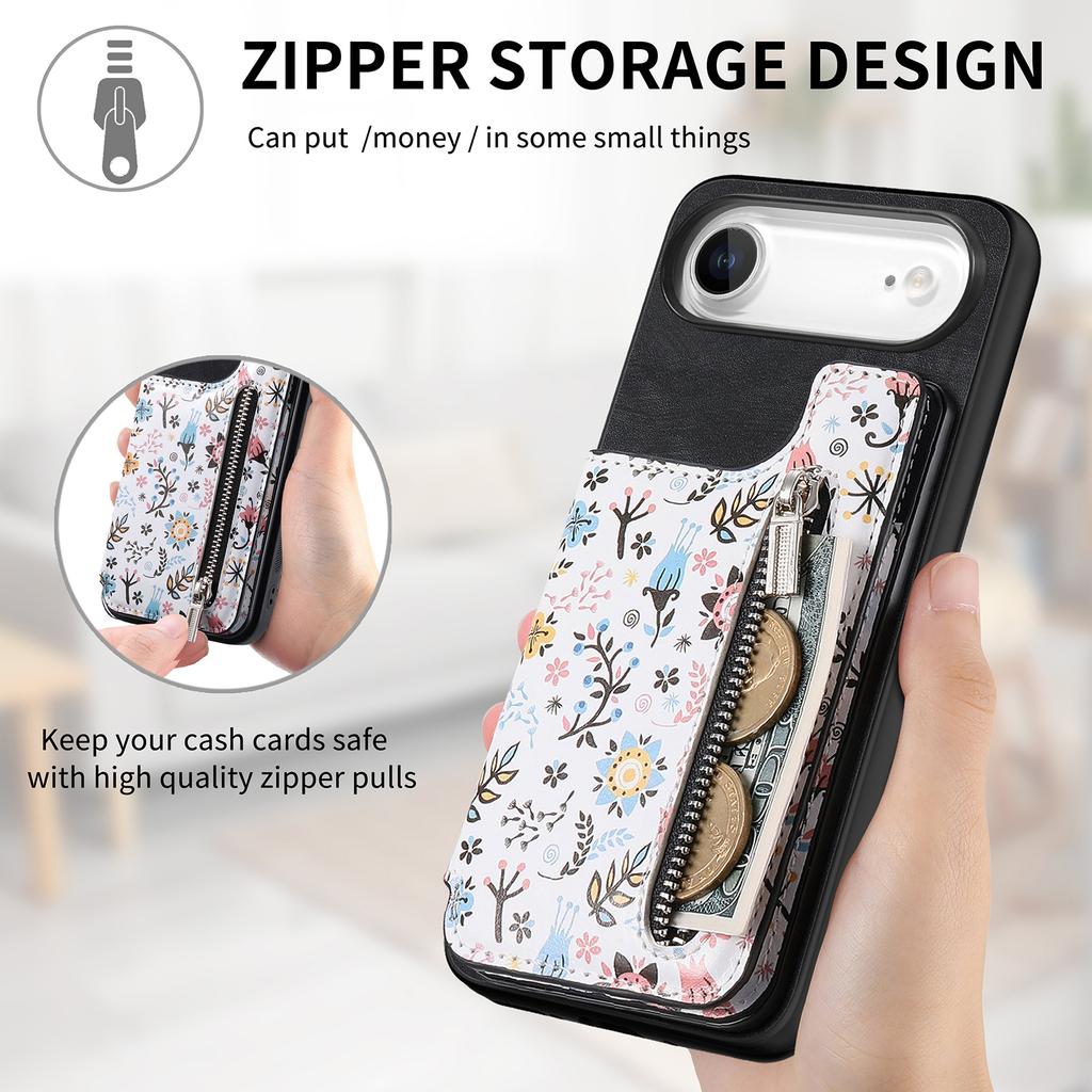 For iPhone Air Leather Phone Cover with RFID Blocking Zipper Card Bag Kickstand