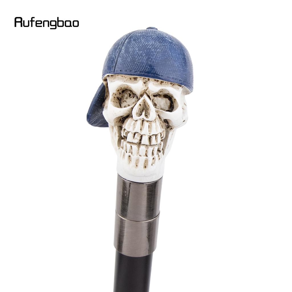 Blue Hat Resin White Skull Head Walking Cane Fashion Decorative Steel Stick Gentleman Elegant Cosplay Cane Knob Crosier 94cm