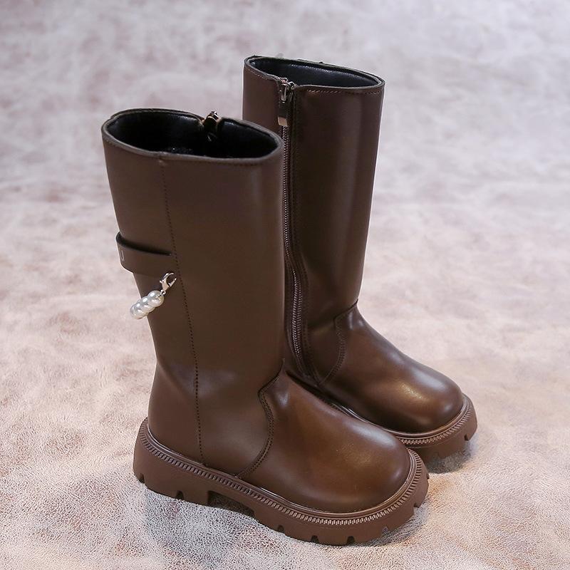 

Girls foreign trade boots 2024 autumn and winter new girls foreign style pearl chain high-top fashion boots princess shoes 27 чёрный