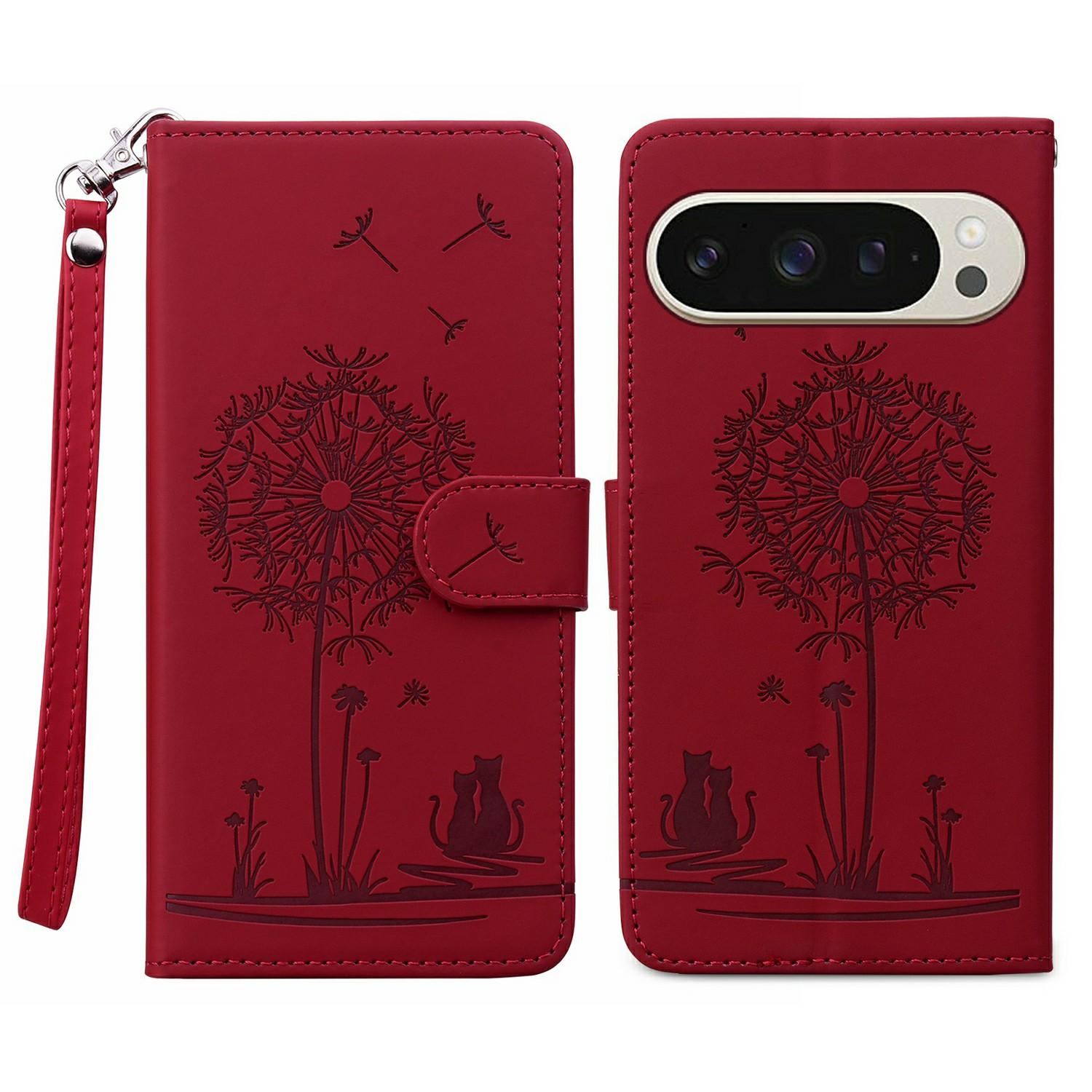 

For Google Pixel 9/9 Pro Case Cat Dandelion Imprint PU Leather Wallet Phone Cover with Strap C