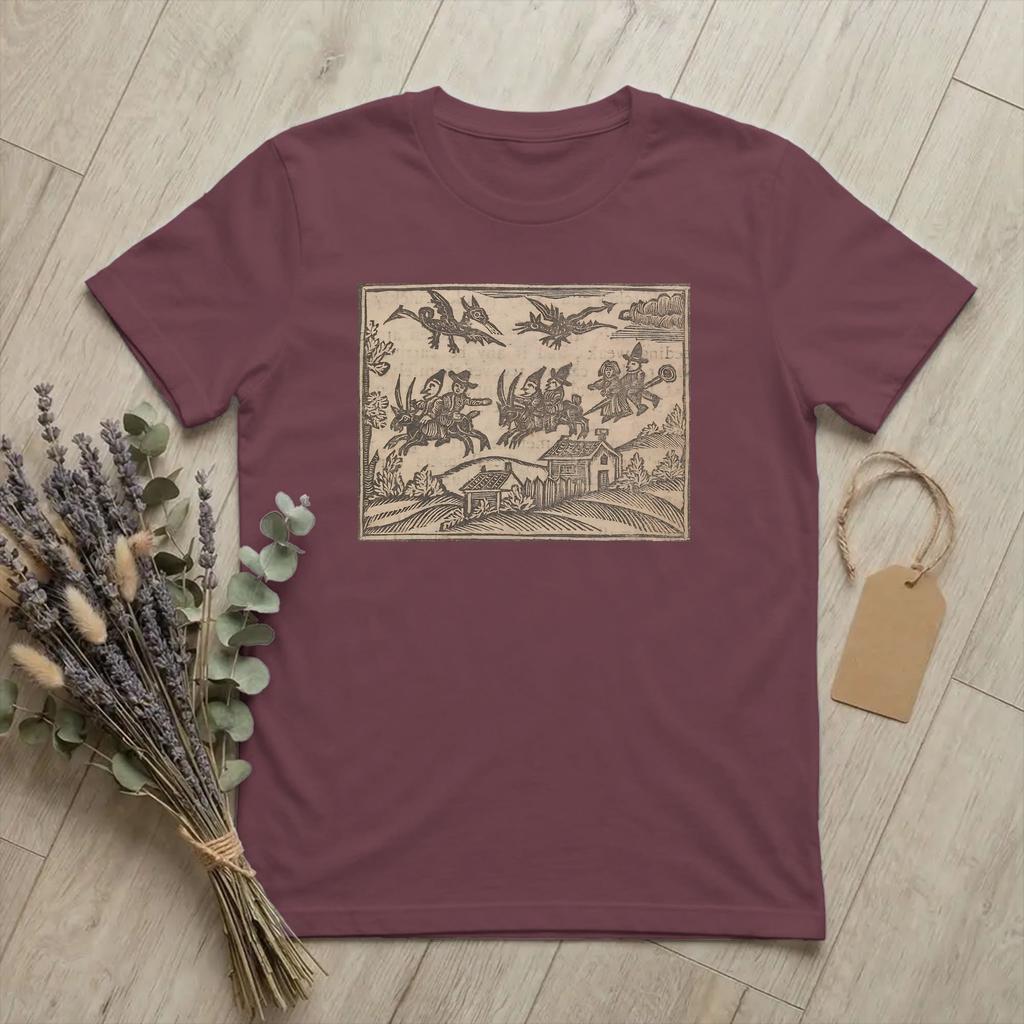 Funny 18th Century European Woodcut Prints TShirts Unisex O Neck Cotton T Shirt Flying Witches Short Sleeve Tee Plus Size Merch