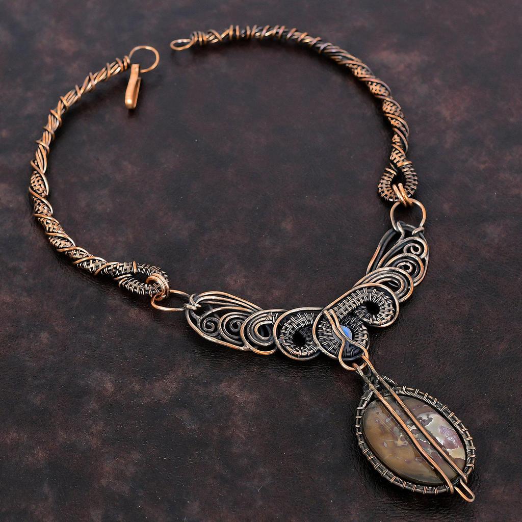 Moroccan Mud Crack Fossil Necklace Copper Wire Wrapped Necklace Handmade Gemstone Jewelry Moonstone Necklace Anniversary Gift Copper Jewelry