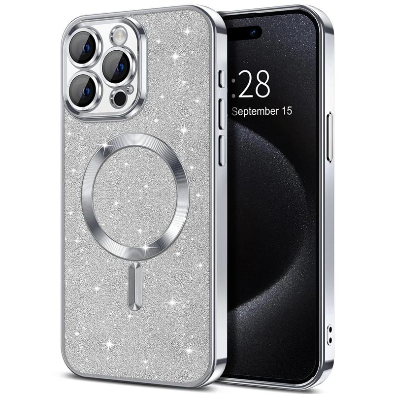 Obudowa Electroplate z osłoną obiektywu do iPhone'a 15 14 13 12 11 16 Pro Max Plus do ładowania bezprzewodowego Magsafe Bumper Glitter Cover