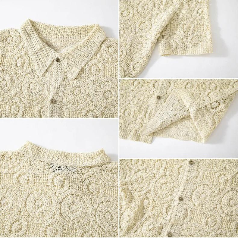 Men's Casual Button Down Shirt Vintage Knitted Golf Beach Collared Shirts Tops Crochet Hollow Out Summer Vacation Top Knit Short Sleeve Shirt for Men
