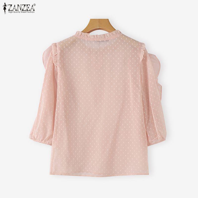 ZANZEA Womens Casual Ruffles Splice 3/4 Sleeve Summer Sheer Cover Up Blouse