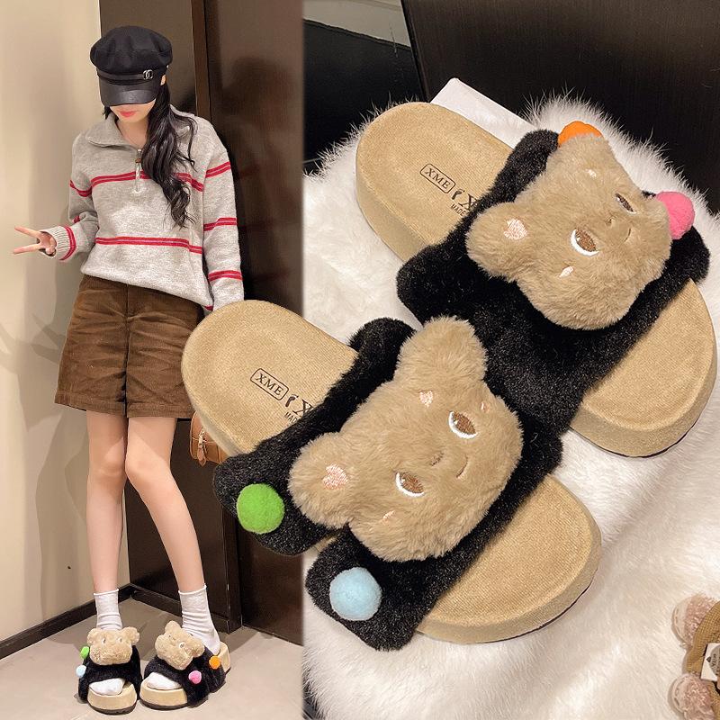 Cute Cartoon Bear Bag Head Slippers 2025 Summer and Autumn New Wear Versatile Stepping On Shit Feeling Thick Bottom Two Wear Cotton Slippers